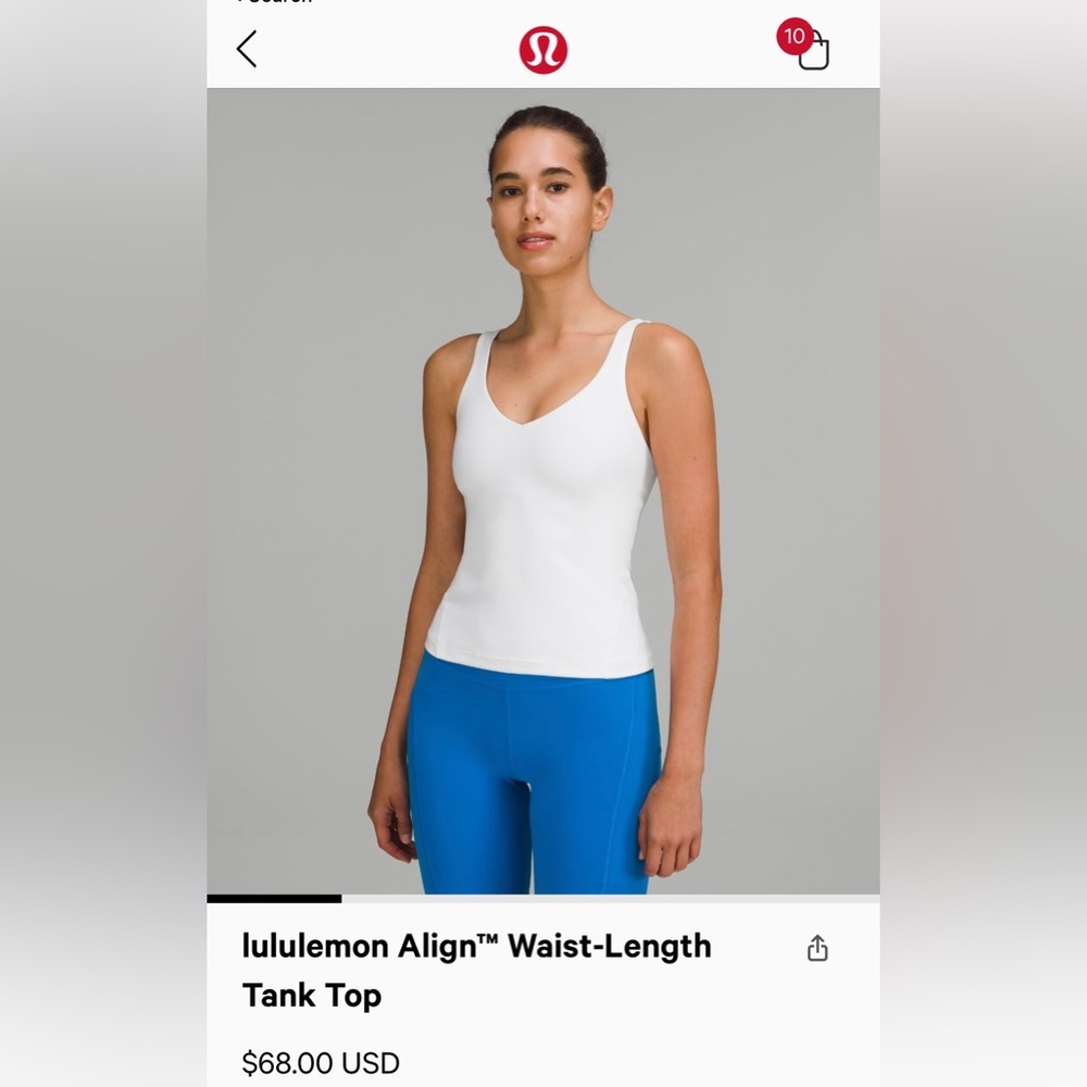 Lululemon align waist length white tank top size 6